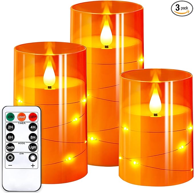 NURADA Flameless Candles with Remote Timers: Built-in Star String Lights 3D Wick Battery Operated Flickering LED Electric Candles for Halloween Thanksgiving Dinner Tables Fall Home Decor Orange 3 Pack