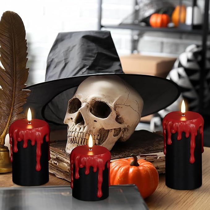Wondise Halloween Flameless Candles with 6H Timer, Battery Operated Dripping Real Wax Black LED Pillar Candles 3D Wick Flickering Spooky Halloween Indoor Decoration (3 Pack, 3 x 4,5,6 Inches)