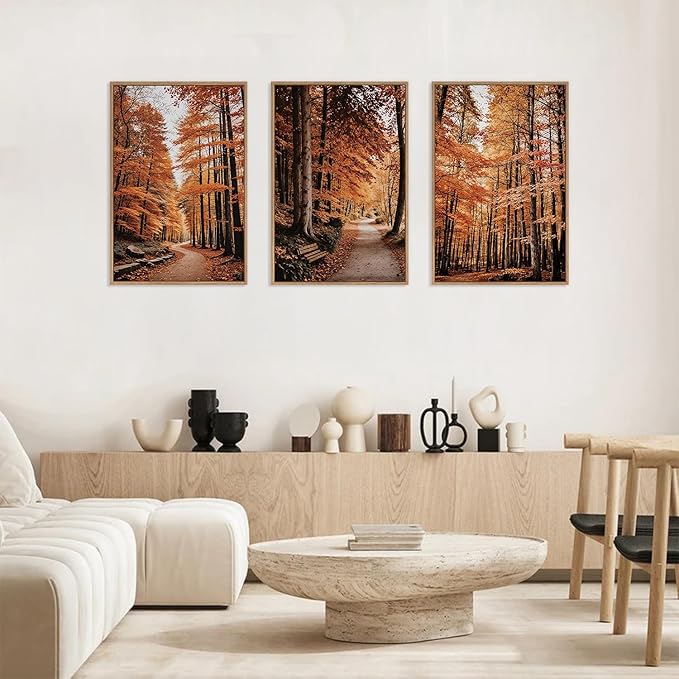 HLNIUC Autumn Forest Framed Canvas Wall Art,Fall Nature Pictures Wall Decor Set of 3(16”x24”) Large Maple Trees Trail Scenery Wall Painting,Modern Fall Landscape Art Print for Living Room,Bedroom
