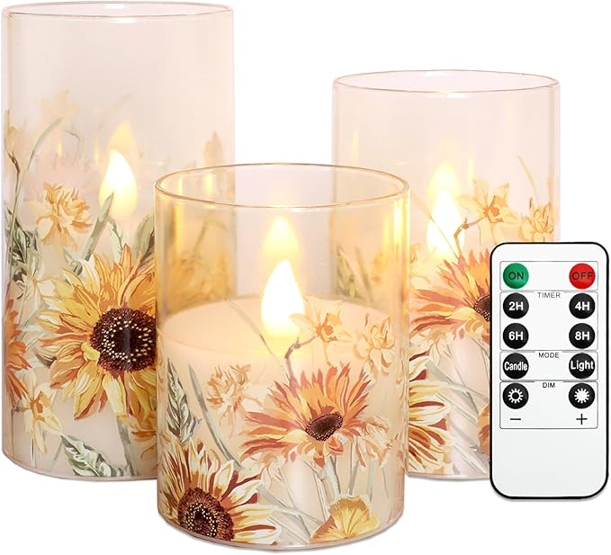 MELTONE Autumn Sunflower Flameless Candles Remote Real Wax Flickering Battery Operated Glass Candles - Home Party Bedroom Birthday Christmas Summer Fall Decorations