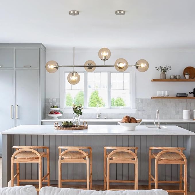 KCO Lighting Mid Century Modern Rectangle Light Fixture 6-Light Glass Globe Linear Chandelier Brushed Nickel Pendant Light Fixture Adjustable Kitchen Island Lighting (Silver+Amber)