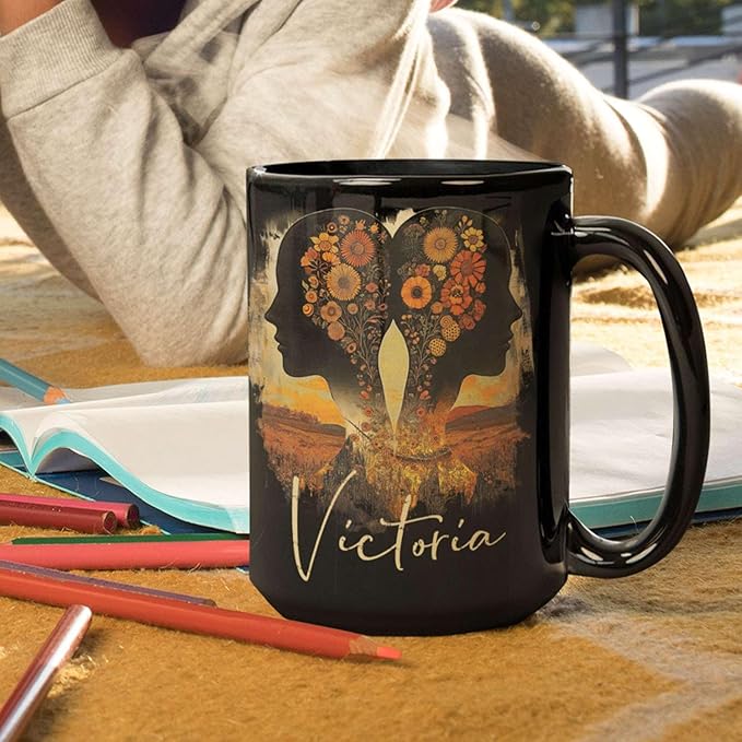 Personalized Autumn Landscape Black Cup, Custom Name Coffee Mug 11oz 15oz, Custom Floral Silhouette Ceramic Cup, Gifts for Women, Zodiac Inspired Coffee Mug, Gifts for Birthday