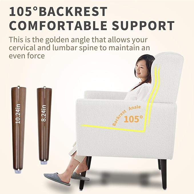Modern Accent Chair, Upholstered Armchair with Pillow, Teddy Single Sofa Chair with Lounge Seat and Wood Legs Accent Chair for Living Room Bedroom Small Spaces