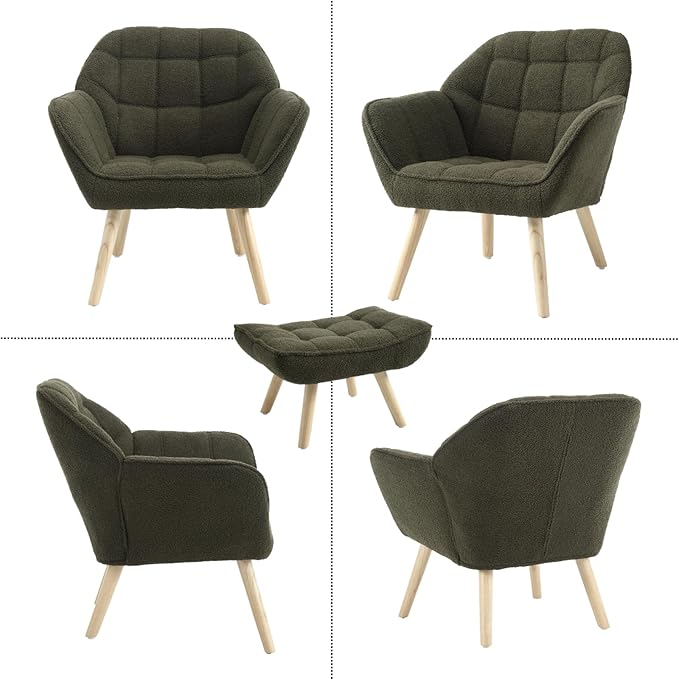 Modern Sherpa Accent Chair with Ottoman Set of 2, Fluffy Upholstered Lounge Chair with Footrest, Comfy Living Room Side Boucle Armchair for Small Space Bedroom, Green