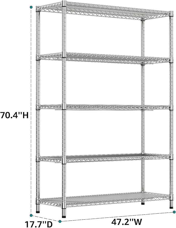 IZEUK 4250 LBS Garage Shelving Wide Storage Shelves 5 Tier Metal Shelves Heavy Duty Adjustable Utility Shelf Rack Chrome 17.7" D x 47.2" W x 70.4" H
