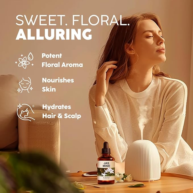 Kukka Jasmine Essential Oil for Diffuser - 4 Fl Oz - 100% Pure Natural Jasmine Oil for Skin, Hair & Soap Making Scents - A Great Relaxing Floral Addition for Hair Care & Perfume