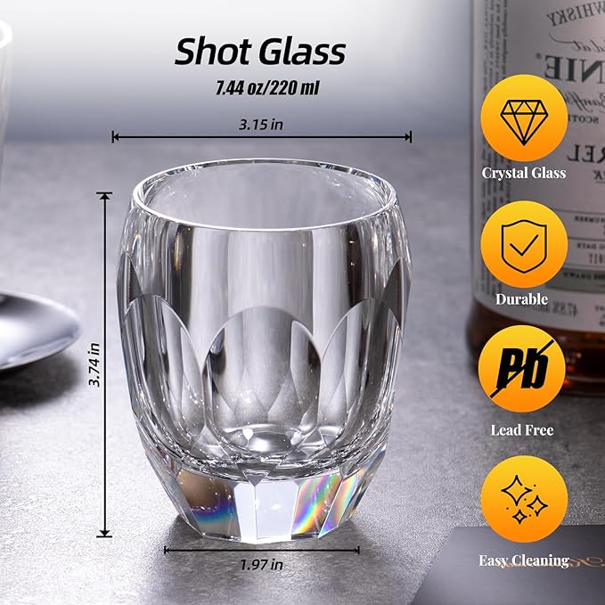 KAMMAK Crystal Whiskey Glasses Set of 2, Luxury 7.44oz Old Fashioned Glasses Stemless, Handcrafted Cocktail Glasses, Hand Blown Scotch Cup for Women, Men Gift for Bourbon Barware, Home Bar