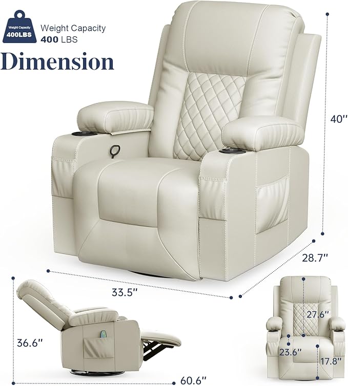 Recliner Chairs for Adults, Massage Rocker with Heated Modern Ergonomic Lounge 360 Degree Swivel Single Sofa Seat Living Room Lounge Recliners Ivory White