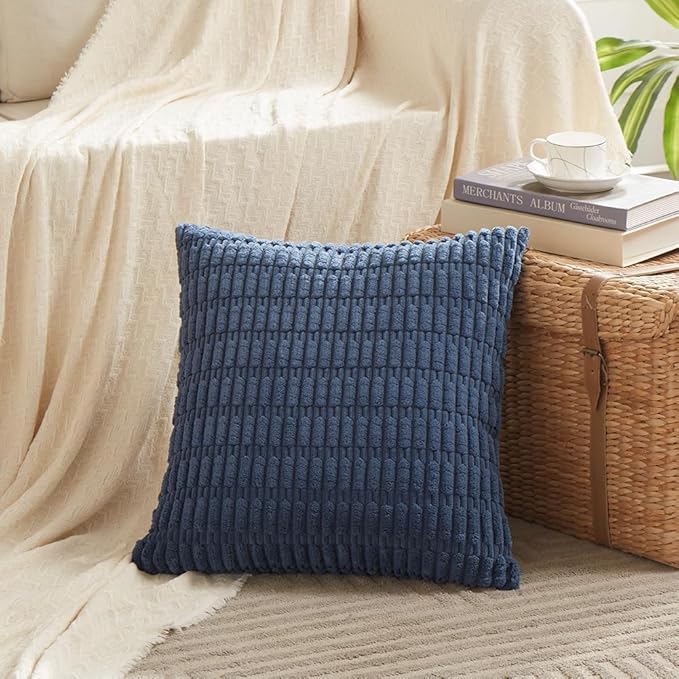 Fancy Homi 4 Packs Dusty Blue Decorative Throw Pillow Covers 18x18 Inch for Living Room Couch Bed Sofa, Rustic Farmhouse Boho Home Decor, Soft Plush Striped Corduroy Square Cushion Case 45x45 cm