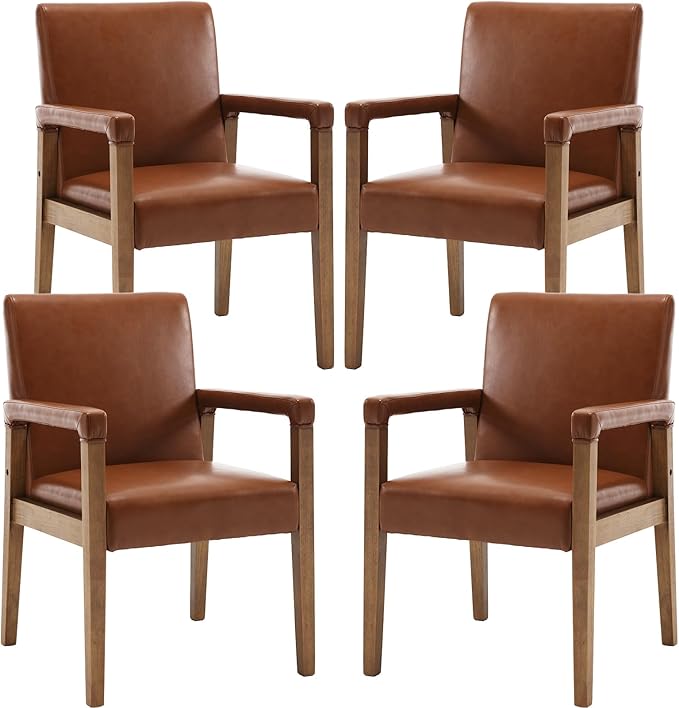 Mid Century Modern Dining Chairs Set of 4 Faux Leather Upholstered Living Room Side Chair, Kitchen Arm Chair with Solid Wood Legs for Home Kitchen & Restaurant, PU Brown