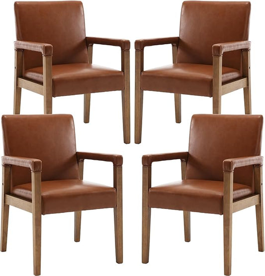 Mid Century Modern Dining Chairs Set of 4 Faux Leather Upholstered Living Room Side Chair, Kitchen Arm Chair with Solid Wood Legs for Home Kitchen & Restaurant, PU Brown