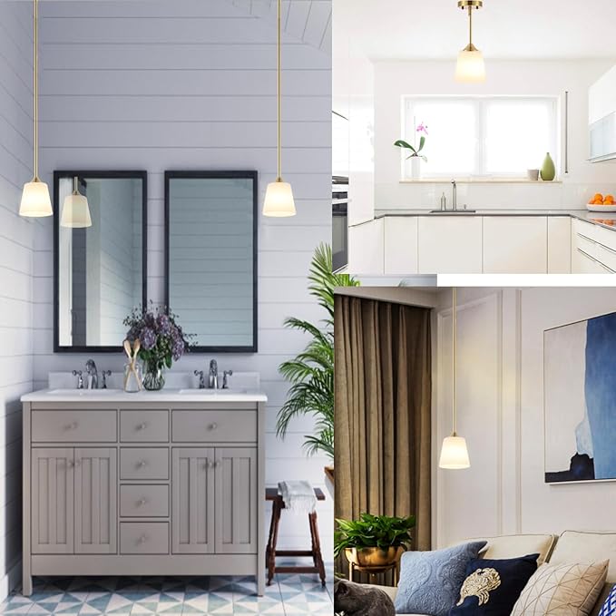 Modern Gold Pendant Light 3 Pack Brushed Brass Mid Century Chandelier White Cylinder Glass Shades Adjustable Rods Farmhouse Ceiling Hanging Lighting Fixture Kitchen Island Dining Room Bedroom