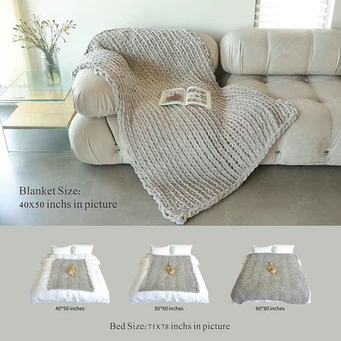 Maetoow Tighter Version Chenille Chunky Knit Blanket Throw （40×50 Inch）, Handmade Warm & Cozy Blanket Couch, Bed, Home Decor, Soft Fleece Banket, Boho Thick Blankets and Giant Yarn Throws，Dark Grey