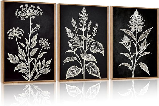 HPNIUB Vintage Floral Framed Canvas Wall Art Set, Minimalist Botanical Wall Decor, Nature Inspired Wildflower Leaf Wall Painting, Farmhouse Neutral Artwork for Living Room, Bedroom, Office-16 x24 x3