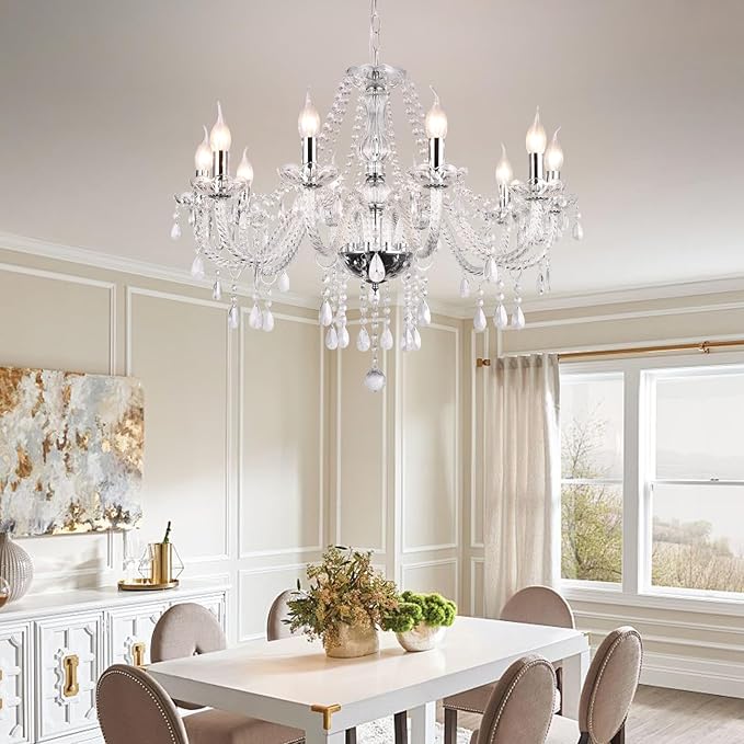 Modern Elegant 10 Lights K9 Crystal Glass Chandelier Silver Pendant Ceiling Lighting European Style for Dining Living Room Bedroom Transparent, 10 E12 Bulbs Required