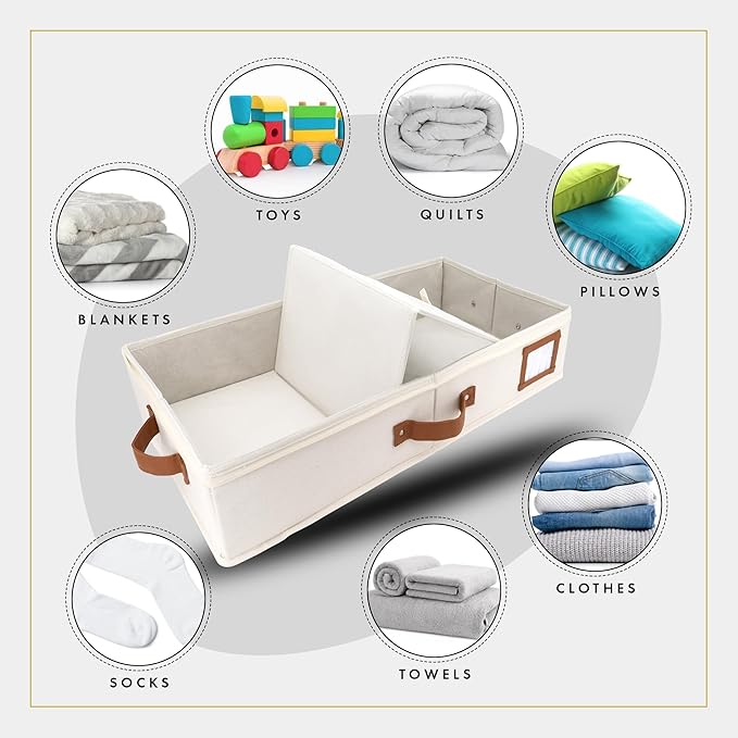 HOMELUX THEORY 2pc Under Bed Storage Containers, Bedroom Under the Bed Drawer Storage Organizer with Bins and Lids, Large Underbed Clothes Storage Box Ideal for Blanket, Fabric, & Shoes (Ivory)