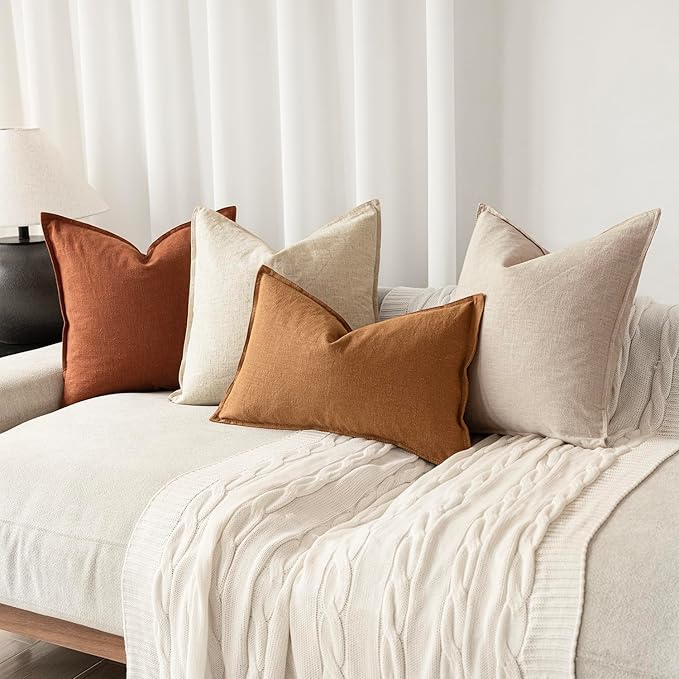 Foindtower Pack of 2, Decorative Linen Soild Throw Pillow Covers Soft Accent Cushion Case Farmhouse Neutral Pillowcase for Chair Couch Sofa Bedroom Living Room Home Decor 24 x 24 Inch Fall Rust Orange