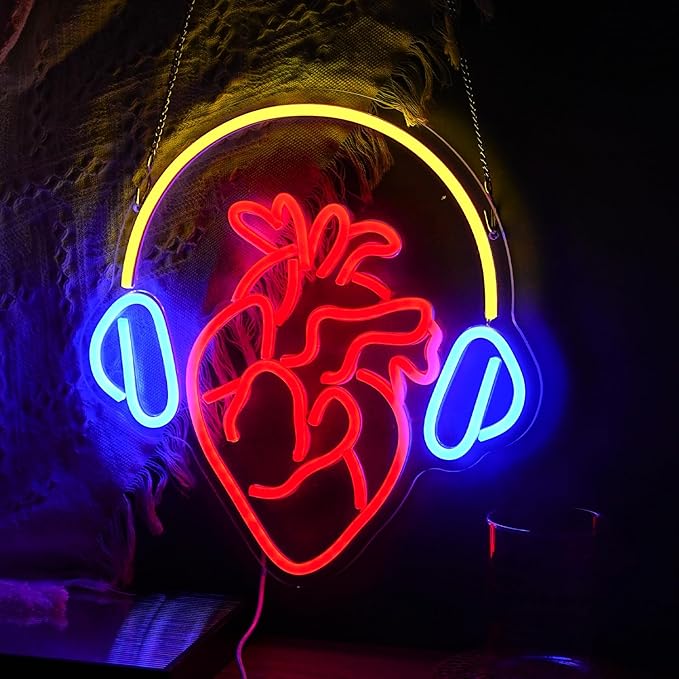 Heart With Headphone Neon Sign USB Power Music Heart Neon Light Dimmable Music Lover Led Art Sign Wall Decor for Bedroom Bar Party Studio Unique Gift for Music Enthusiasts