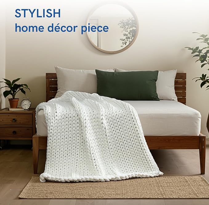 YnM Cooling Chunky Throw Blanket, Medium-Weight, Hand Knitted, Skin Friendly, Ventilated and Breathable, Machine Washable, Home Décor Piece for Couch, Sofa and Bed (White, 40x50 Inch)