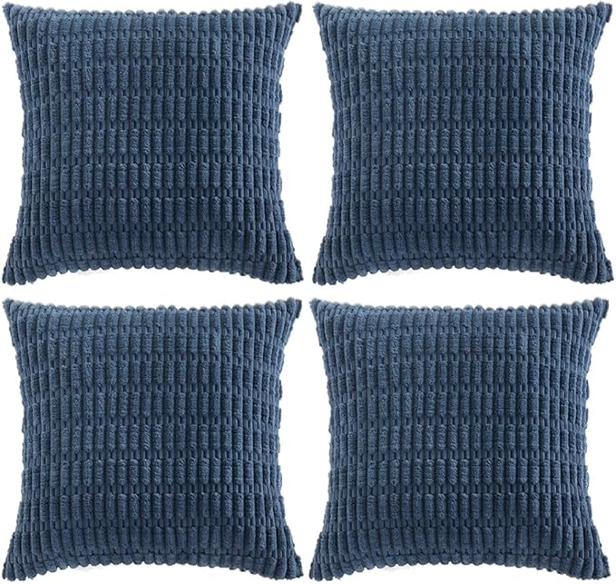 Fancy Homi 4 Packs Dusty Blue Decorative Throw Pillow Covers 16x16 Inch for Living Room Couch Bed Sofa, Rustic Farmhouse Boho Home Decor, Soft Plush Striped Corduroy Square Cushion Case 40x40 cm