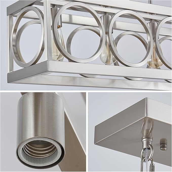 XINGQI Linear Chandelier Brushed Nickel Kitchen Island Light Fixtures 31.5" Rectangle Dining Room Chandeliers, Farmhouse Hanging Large 4-Light Rustic Metal Living Room Office Pendant Lighting
