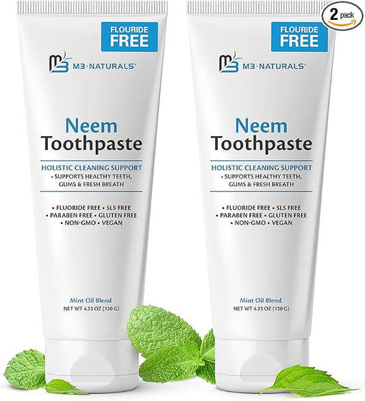 Fluoride-Free Neem Toothpaste with Mint for Adults & Kids with Sensitivity | Vegan, Gluten & SLS Free Herbal Formula for Sensitive Teeth, Healthy Gums and Fresh Breath, 4.23 oz (120 g) Pack of 2 by M3