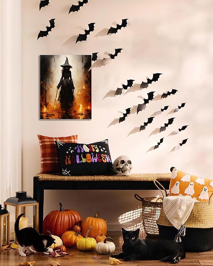 Halloween Canvas Wall Art - Vintage Witche Poster, Gothic Dark Academia Wall Decor, Spooky Halloween Decor for Living Room, Bedroom & Bathroom, Framed Fall Decorations Indoor