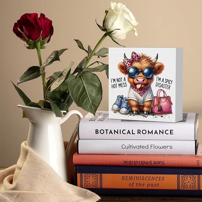 Funny Cute Highland Cow Baby Decor, Cow With Pink Bow, Highland Cow Gifts for women, Western Highland Cow Nursery Decor, Wooden Box Decor Sign for Home Farmhouse Office Living Room Table Shelf