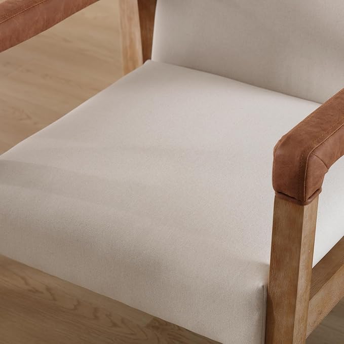 Mid Century Modern Dining Chairs Set of 4 Fabric Upholstered Living Room Side Chair, Kitchen Arm Chair with Solid Wood Legs for Home Restaurant, Linen White