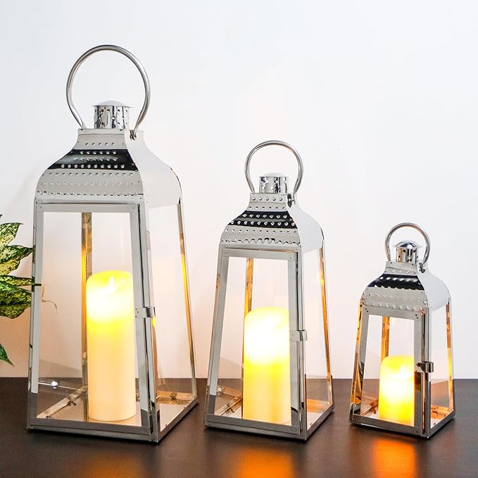 TRIROCKS Set of 3 Stainless Steel Candle Lanterns 20.5''&16''&12''H Decorative Candle Holders with Tempered Glass for Indoor Outdoor Porch Parities and Wedding(Silver)