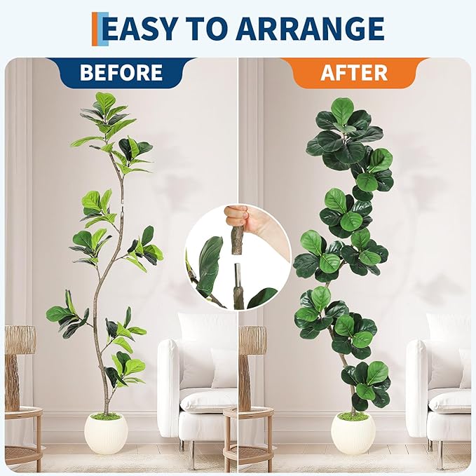 GarveeHome Fiddle Leaf Fig Artificial Tree with White Planter,7ft Faux Plants Indoor with Moss, Fake Rubber Tall Fake Floor Plant in Pot - Artificial Trees for Home Office Living Room Decor
