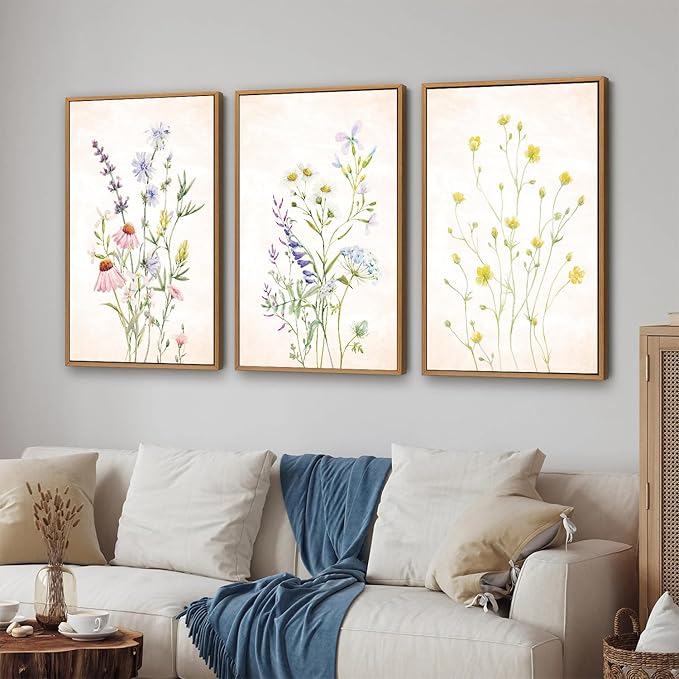 SIGNINART Watercolor Wildflower Framed Canvas Wall Art Set of 3, Boho Botanical Spring Floral Wall Decor, Colorful Minimalist Plant Art Prints for Farmhouse Living Room, Bedroom, Office, Bathroom 16"x24"