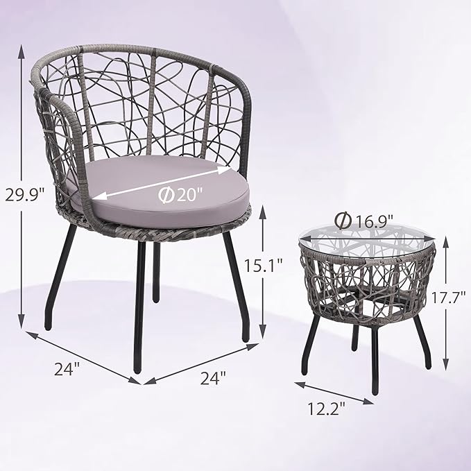 Kromax 3 Piece Bistro Set, Modern Outdoor Wicker Patio Furniture with Tempered Glass Table Top and 2 Chairs, Washable Cushions, Grey Rattan and Grey Cushion