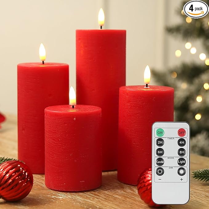 LUSHABOR Flameless Candles, 4 Pack Battery Operated Candles with Remote, Real Wax LED Fake Candles with Timer Flickering for Christmas Wedding Home Party D3 H 5" 6" 7" 9" Red