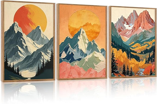 HPNIUB Mountains Forests Framed Canvas Wall Art Set, Abstract Woodland Painting, Boho Scenery Sun Wall Decor, Pretty Grassland River Artwork for Living Room, Bedroom, Dining Room, Office - 16"x24"x3