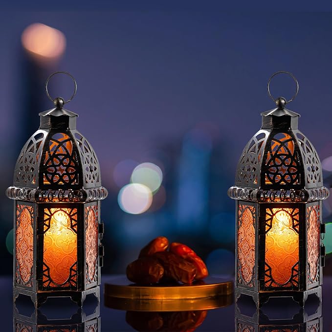 NEEDOMO Set of 2 Hanging Moroccan Lantern, 12.8'' Vintage Candle Holder, Metal Lanterns Decorative Indoor Outdoor, Table, Patio, Porch, Shelf, Ramadan Decorations (Amber)