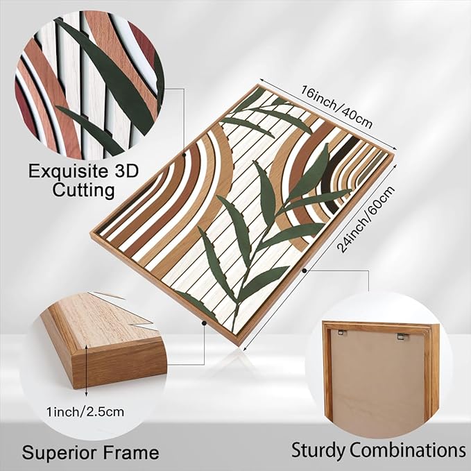 Large Boho Mid Century Wood Wall Art Set,Modern Geometric Leaves Artwork Bohemian Wall Sculptures,Abstract Minimalist Wooden Wall Decor for Living Room Bedroom Office-16 x24 x3