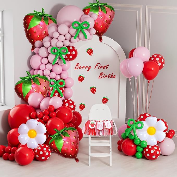 Strawberry Balloons Arch Garland Kit, 135PCS Red and Pink Balloons with Strawberry Daisy Foil Balloons for Sweet Girl Berry First Birthday Decor Baby Shower Themed Party Decorations