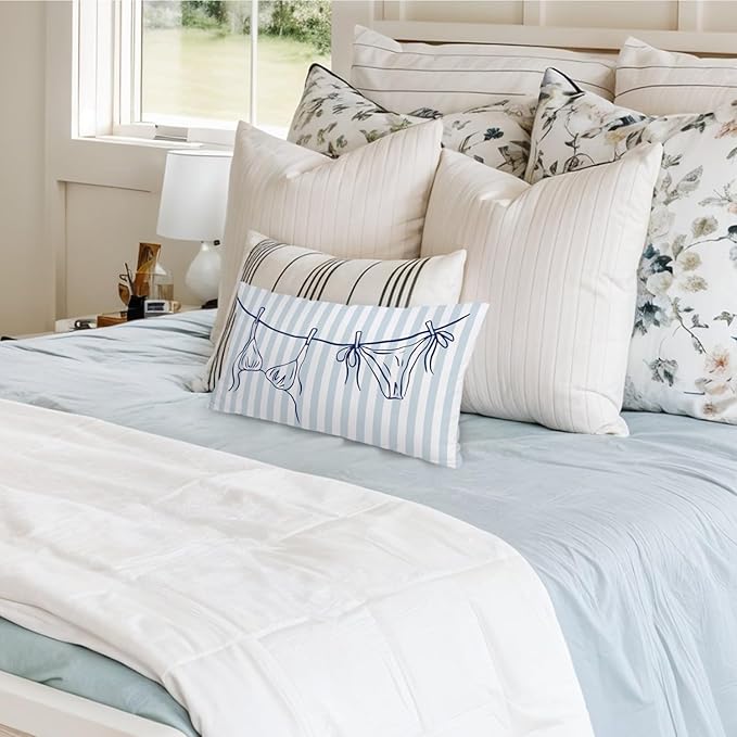 Coastal Beach Girly Room Decor 12x20 Pillow Cover, Preppy Beach Navy Blue Bikini Striped Decorative Lumbar Pillow Covers for Girls Bedroom College Dorm Sofa Couch