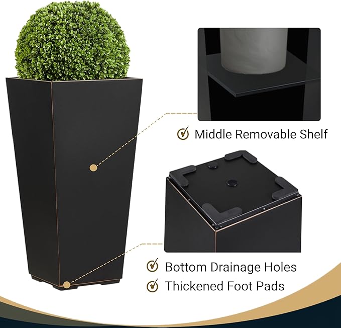 Metallic Taper Planter, 26 Inch Tall Tapered Planter for Front Porch, Patio, Deck, Garden Indoor/Outdoor Tree Planters, Set of 2 Black with Copper Hand Brushed Rim
