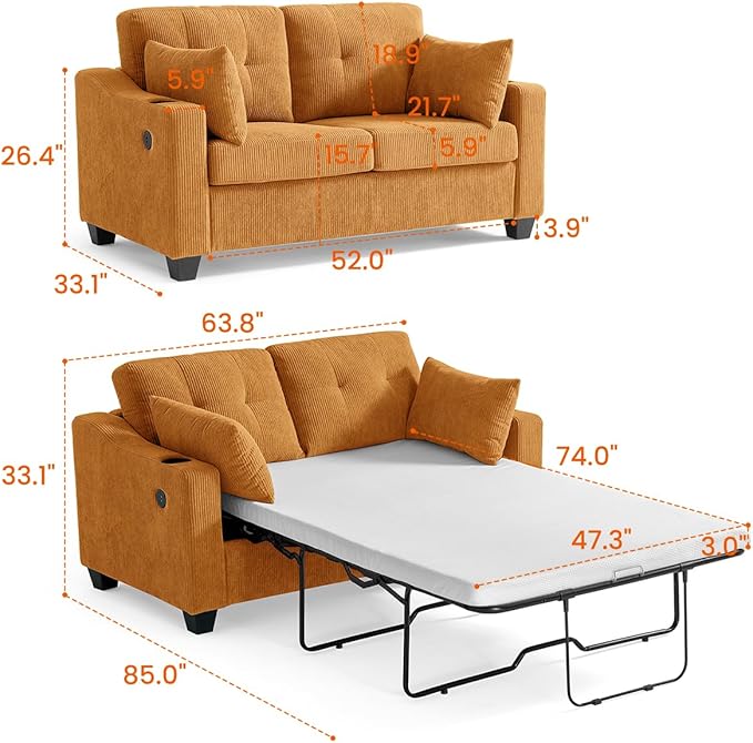 Pull Out Sofa Bed, Full Size Sleeper Sofa, 2-in-1 Convertible Corduroy Couch with USB Charging, Memory Form Couch for Living Room, Apartment and Small Space (Mustard Yellow, Corduroy - Full Size)
