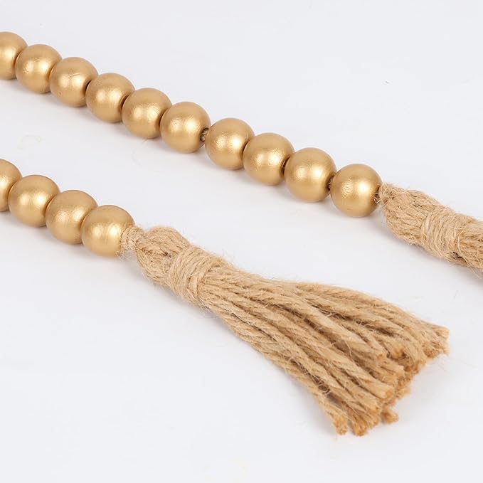 58in Wood Bead Garland with Tassels, Farmhouse Rustic Country Decor Prayer Boho Wall Hanging Decoration (Gold)
