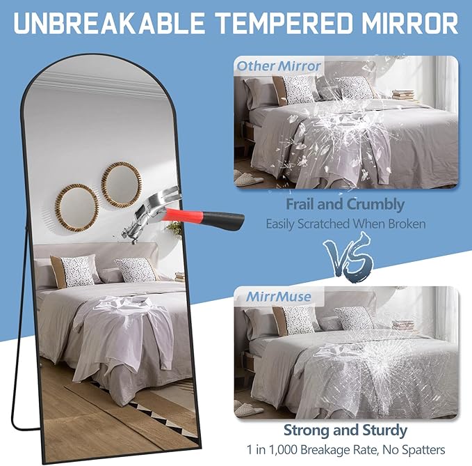 56"X18" Full Length Mirror, Black Floor Mirror with Stand Hanging or Leaning Against Wall Aluminum Alloy Frame Wall Mirror Full Length Tempered Glass for Bedroom Living Room
