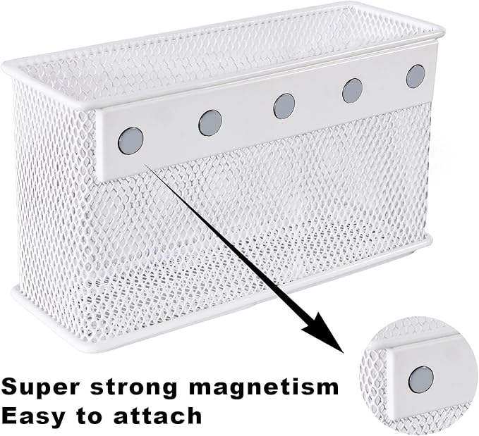 White Magnetic Basket, Magnetic Shelf Pencil Holder for Refrigerator, Wire Mesh Magnetic Bin, Magnetic Organizer Whiteboard Desktop Storage, 6.29"x2.28"x3.54"
