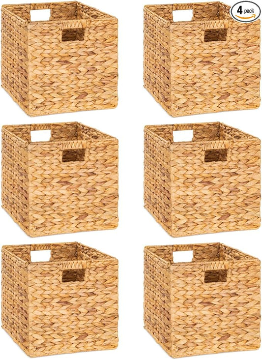12 x 12in Water Hyacinth Storage Baskets, Wicker Storage Baskets for Shelves, Woven Baskets for Storage, Wicker Storage Basket for Bedroom, Living Room, Nursery Room (Natural 6 Packs 12x12in)