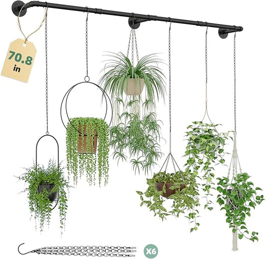 Plant Hanger Indoor with 6 Hanging Chains Hanging Planters for Indoor Plants Hanging Plant Holder Window Plant Rod Black Metal Shelves(70.8 Inch Pot not Included