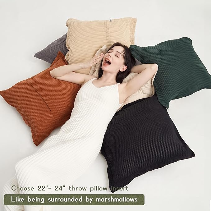 Pack of 3 Decorative Neutral Throw Pillow Covers 22x22inch, Soft Striped Corduroy Boho Vintage Square Pillow Covers for Sofa Couch Girls' Bedroom Dorm Chic Lounge(Classic Black, White & Grey)