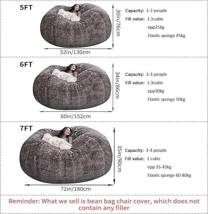 Big Huge Giant Bean Bag Chair for Adults, (No Filler) Bean Bag Chairs in Multiple Sizes and Colors Giant Foam-Filled Furniture - Machine Washable Covers, Double Stitched Seams (Orange,5FT)