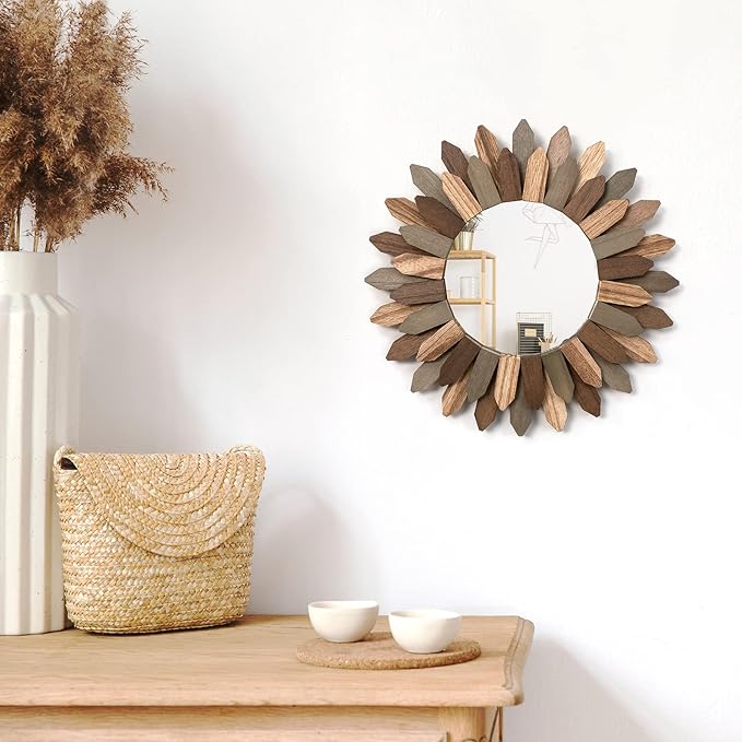 Honiway Boho Wall Decor Mirror 2 Pack 12 inch Rustic Wood Decorative Mirror for Room Decor Rustic Farmhouse Wall Decor for Bedroom Bathroom Living Room Entryway Tril Color