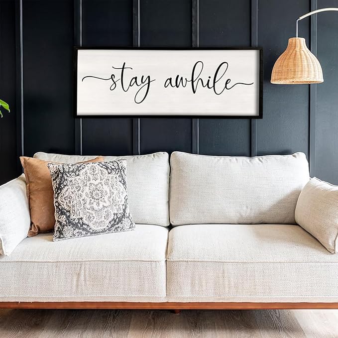 Stay Awhile Sign Wall Decor 32"X12" Large Solid Wood Frame For Hallway Living Room Entryway Farmhouse Wall Art Lets Stay Family Home Rustic Hanging Decoration (Black)